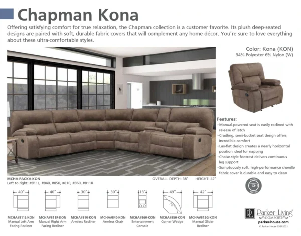 Chapkman Kona Recliner Couch in Brown Shade
